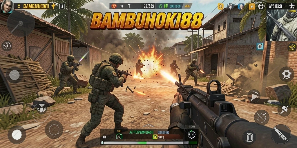 Tangkapan layar menunjukkan aksi tembak-menembak intens di BAMBUHOKI88.