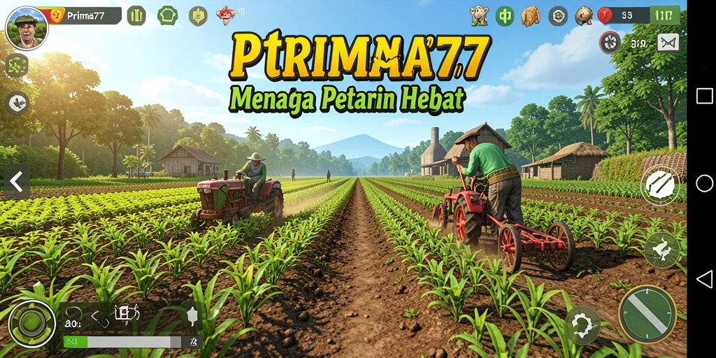 Tampilan gameplay seru di PRIMA77 saat merawat pertanian.