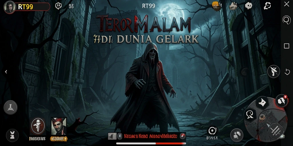 Screenshot gameplay RT99 menampilkan suasana gelap dan menakutkan.