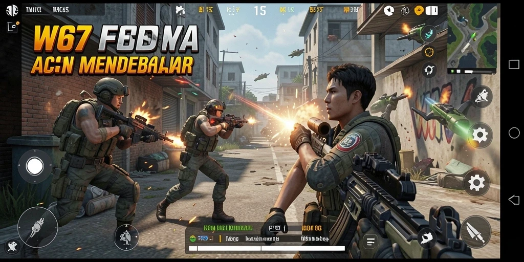 Screenshot gameplay W67 menampilkan aksi seru di arena pertempuran FPS.